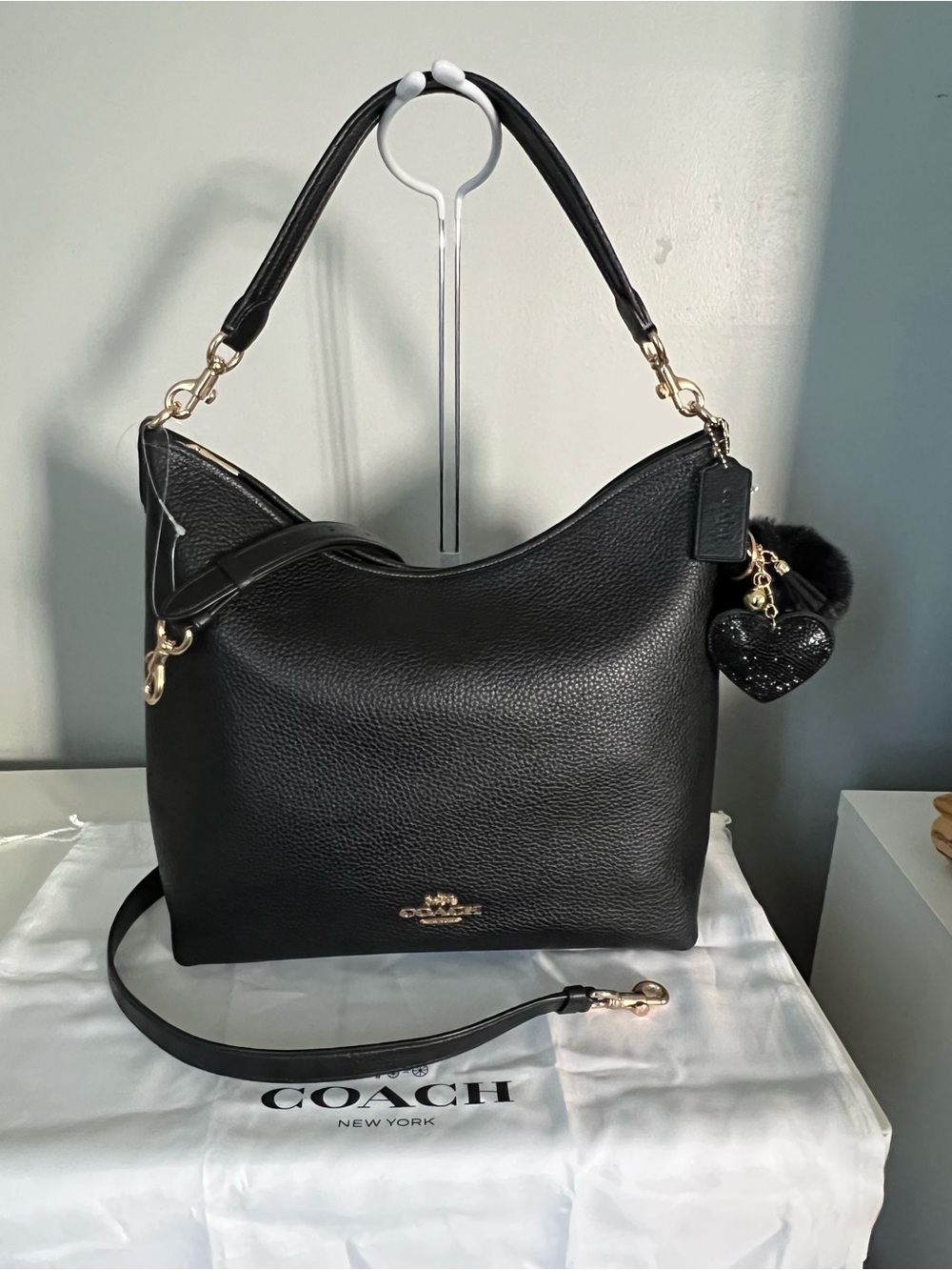 Coach Black Pebbled Leather Satchel with Heart Charm - Picture 4 of 7